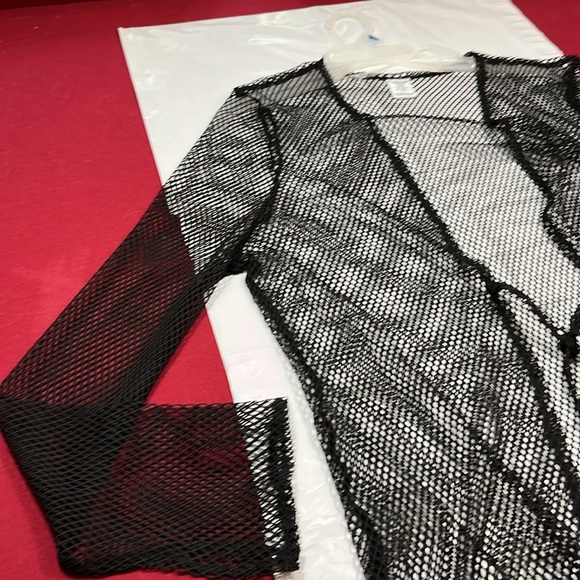 NEW 2x 3x Sheer black mesh long cardigan Cover up fish net tie waist long sleeve - Picture 4 of 13